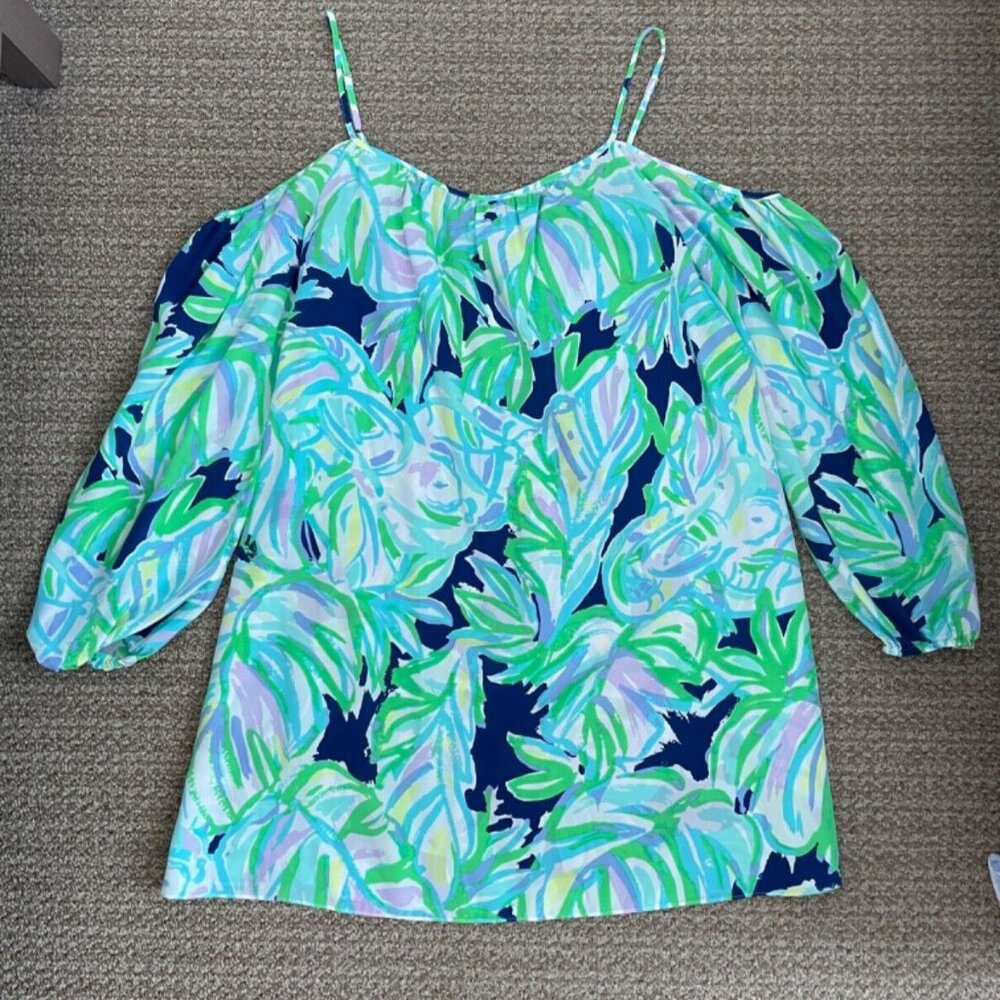 EUC Lilly Pulitzer Silk Cold Shoulder Dress Blue and Green Lead Print Size Small